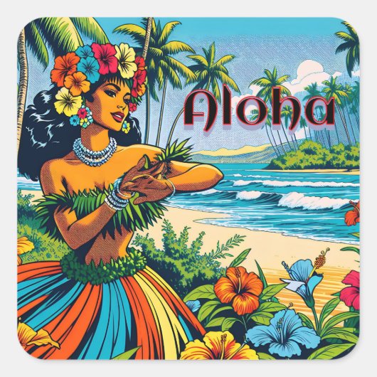 Sticker Carré Aloha | Hawaii Hula Dancer sur la plage (Devant)