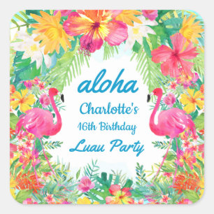 Sticker Carré Aloha Luau Flamant rose tropical Anniversaire Bleu