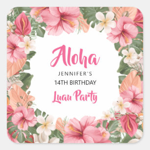 Sticker Carré Aloha Tropical Hibiscus Luau fête d'anniversaire