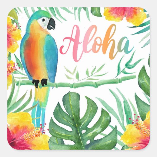 Sticker Carré Aloha Tropical Parrot Hibiscus Palms (Devant)