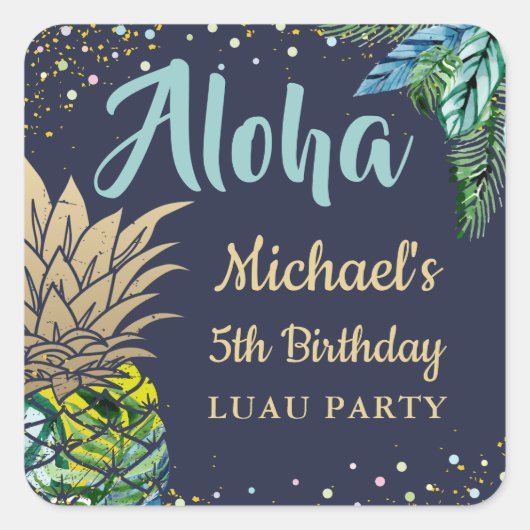 Sticker Carré Aloha Tropical Pineappal Beach fête d'anniversaire (Devant)