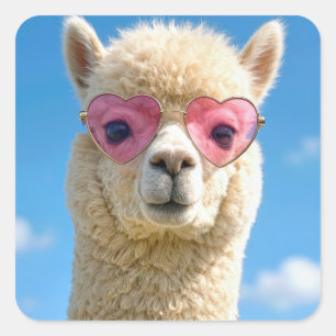 Sticker Carré Alpaca portant des lunettes de cœur en forme de cœ