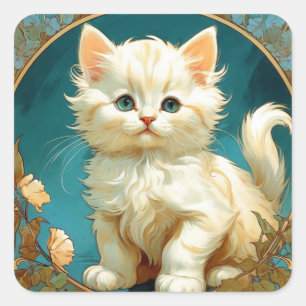 Sticker Carré Alphonse Mucha Art Nouveau Chat Blanc