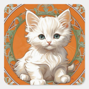Sticker Carré Alphonse Mucha Art Nouveau Kitten blanc