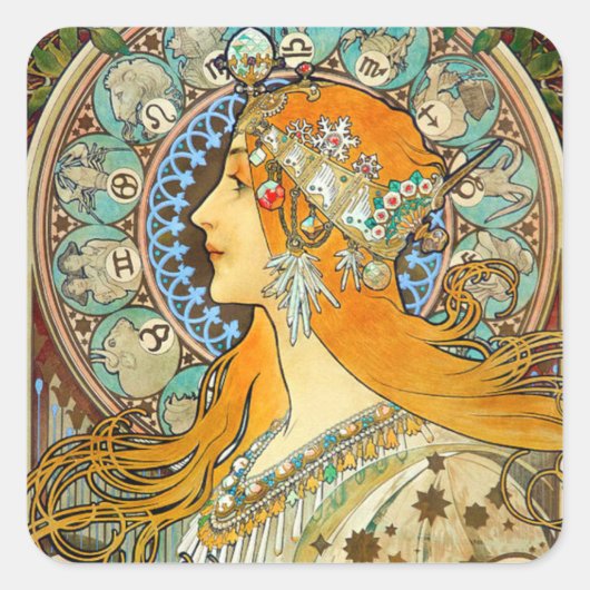 Sticker Carré Alphonse Mucha Art Nouveau Zodiac (Devant)