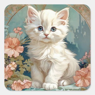 Sticker Carré Alphonse Mucha Style Chat blanc