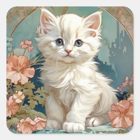 Sticker Carré Alphonse Mucha Style Chat blanc (Devant)