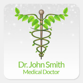 Sticker Carré Alternative Médicale Caduceus Vert Feuilles Blanc