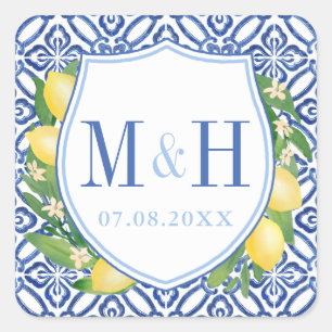 Sticker Carré Amalfi Lemons Carreaux Bleus Mariage Logo Monogram