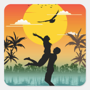 Sticker Carré Amant de la Silhouette du Coucher de Soleil Cadeau