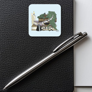 Sticker Carré Amant de livres dragon endormi fantaisiste vert co