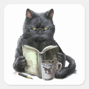 Sticker Carré Amateur de livres Chat noir Chat bibliophile Café