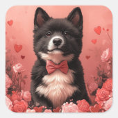Sticker Carré American Akita avec Rose - Saint Valentin (Devant)