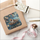 Sticker Carré American English Foxhound Christmas Festive Voyage<br><div class="desc">Jetez un coup d'oeil à la magie de la saison des Fêtes avec cette illustration magnifiquement détaillée, montrant un chien fier assis dans un bateau à la décoration festive, glissant à travers un lac serein de Noël. Les lumières scintillantes des pins voisins se reflètent dans l'eau, projetant une lumière chaude...</div>