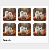 Sticker Carré American Eskimo Chiot Automne Citrouille délice (Feuille)