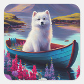 Sticker Carré American Eskimo Dog on Paddle : Une aventure Pitto (Devant)