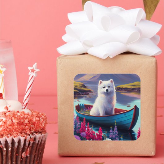 Sticker Carré American Eskimo Dog on Paddle : Une aventure Pitto (Fête)