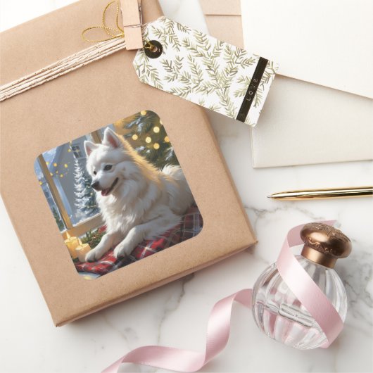 Sticker Carré American Eskimo With Christmas Lights Holiday (Cadeaux)