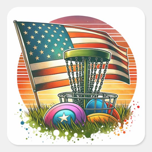 Sticker Carré American Flag Disk Golf Vintage Sun (Devant)