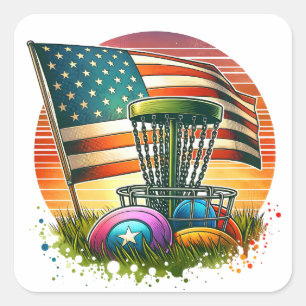 Sticker Carré American Flag Disk Golf Vintage Sun