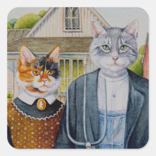 Sticker Carré American Gothic Parody Painting Aquarelle Art
