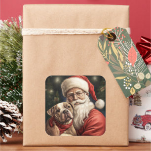 Sticker Carré American Staffordshire avec le Père Noël de Noël