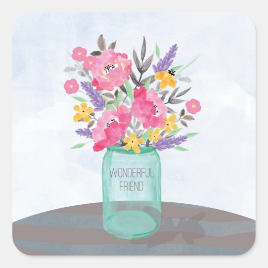 Sticker Carré Ami Fête des Mères Jar Vase avec Fleurs (Devant)
