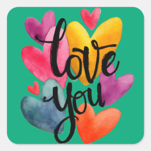 Sticker Carré Amour aquarelle vibrant : "Je t'aime" écrit à la m