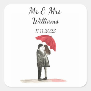 Sticker Carré Amour couple avec parapluie rouge Mariage Newlywed