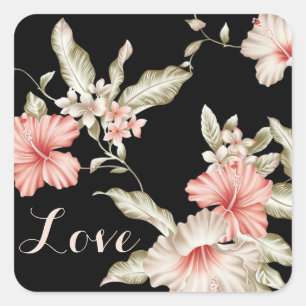 Sticker Carré Amour Fleur Rose Et Fleur Noire Japonaise