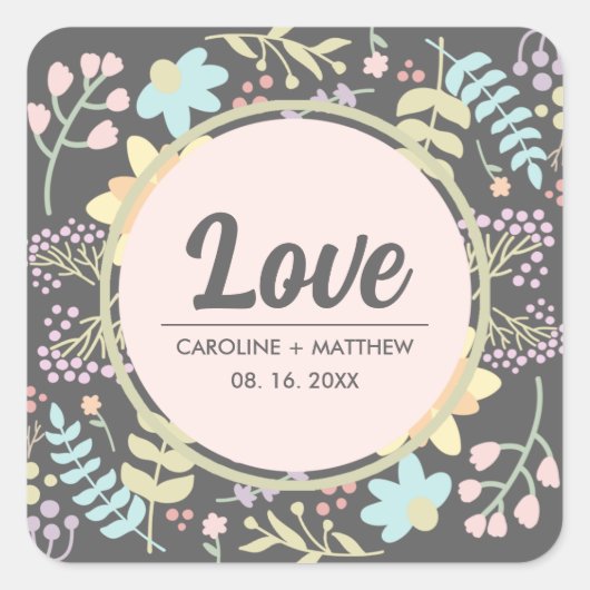 Sticker Carré Amour. Mariage floral moderne gris-bleu rose (Devant)