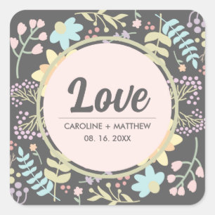 Sticker Carré Amour. Mariage floral moderne gris-bleu rose