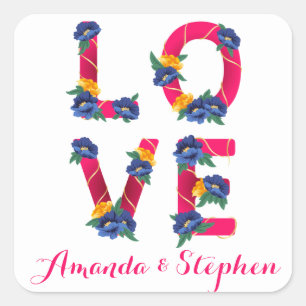 Sticker Carré Amour Rose Floral Avec Fleurs Bleues & Jaunes