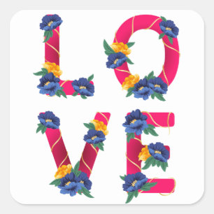 Sticker Carré Amour Rose Floral Avec Fleurs Bleues & Jaunes