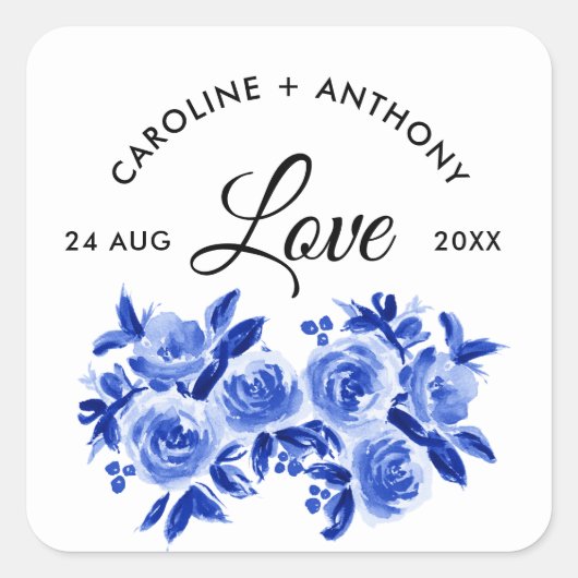 Sticker Carré Amour. Royal Blue Aquarelle Floral Mariage (Devant)