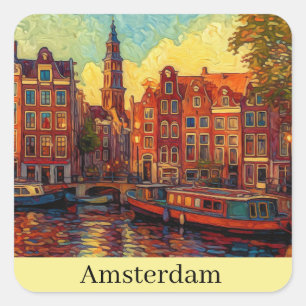 Sticker Carré Amsterdam canal maisons de style van Gogh