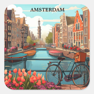Sticker Carré Amsterdam Hollande minimaliste vue sur le canal vi
