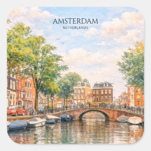 Sticker Carré Amsterdam Pays-Bas Canal Ville Colorée Voyage