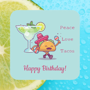 Sticker Carré Amusant coloré heureux Anniversaire Tacos et Marga