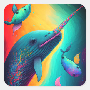 Sticker Carré Amusant coloré Narwhal Imaginaire Sea Créatures Ar