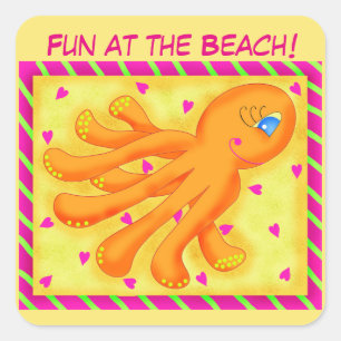 Sticker Carré Amusement à la plage Whimsy Octopus Jaune Orange