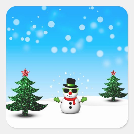 Sticker Carré Amusement cool Snowman Sparkly Noël Arbres bleus (Devant)