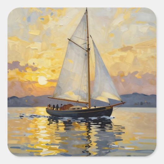 Sticker Carré An Impasto Illustration of a Sailboat at Sunset (Devant)
