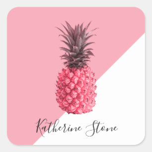 Sticker Carré Ananas rose et blanc tropical girly mignon