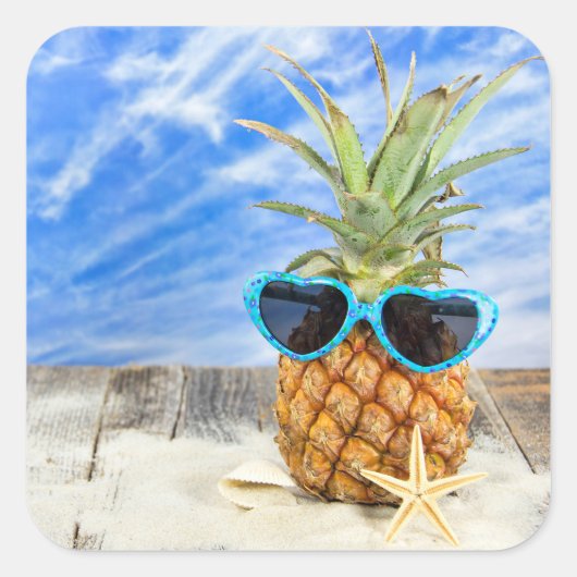 Sticker Carré ananas tropical avec lunettes de soleil (Devant)