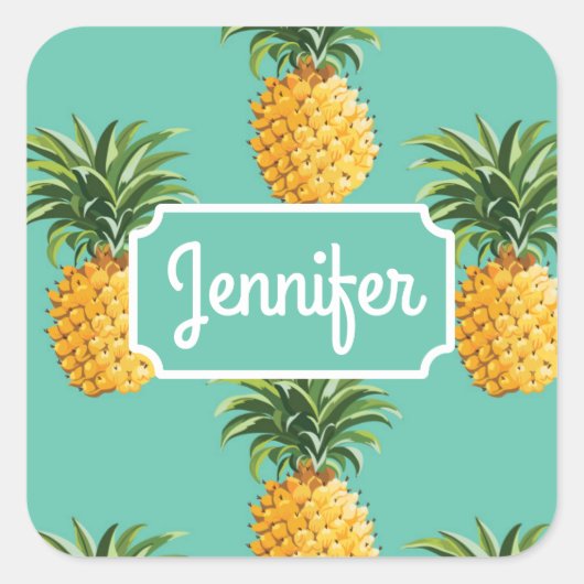 Sticker Carré Ananas Tropical Sur Turquoise | Ajouter Votre Nom (Devant)