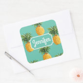 Sticker Carré Ananas Tropical Sur Turquoise | Ajouter Votre Nom (Enveloppe)