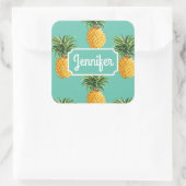 Sticker Carré Ananas Tropical Sur Turquoise | Ajouter Votre Nom (Sac)