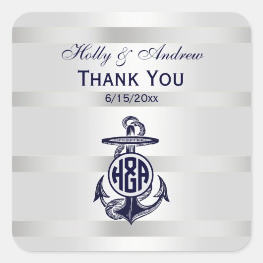 Sticker Carré Ancre Bleue Argent Blanc Cercle Marine Monogramme (Devant)