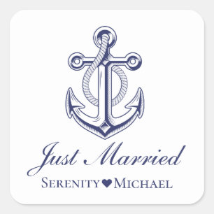 Sticker Carré Ancre Marine Bleu Nautique Juste Marié Mariage